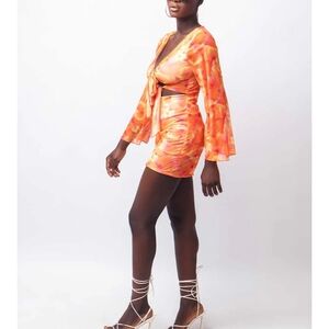 Missguided Bright Orange Cut Out Tie‎ Front Mesh Dress Size 8